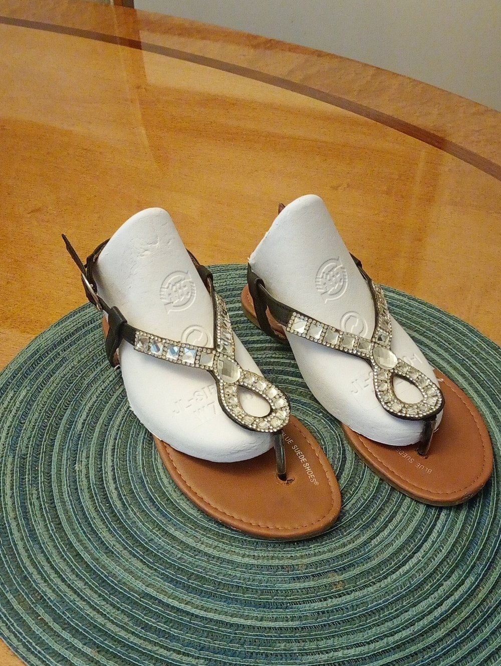 Embellished Brown and Tan T‑Strap Sandals with Crystal Accents